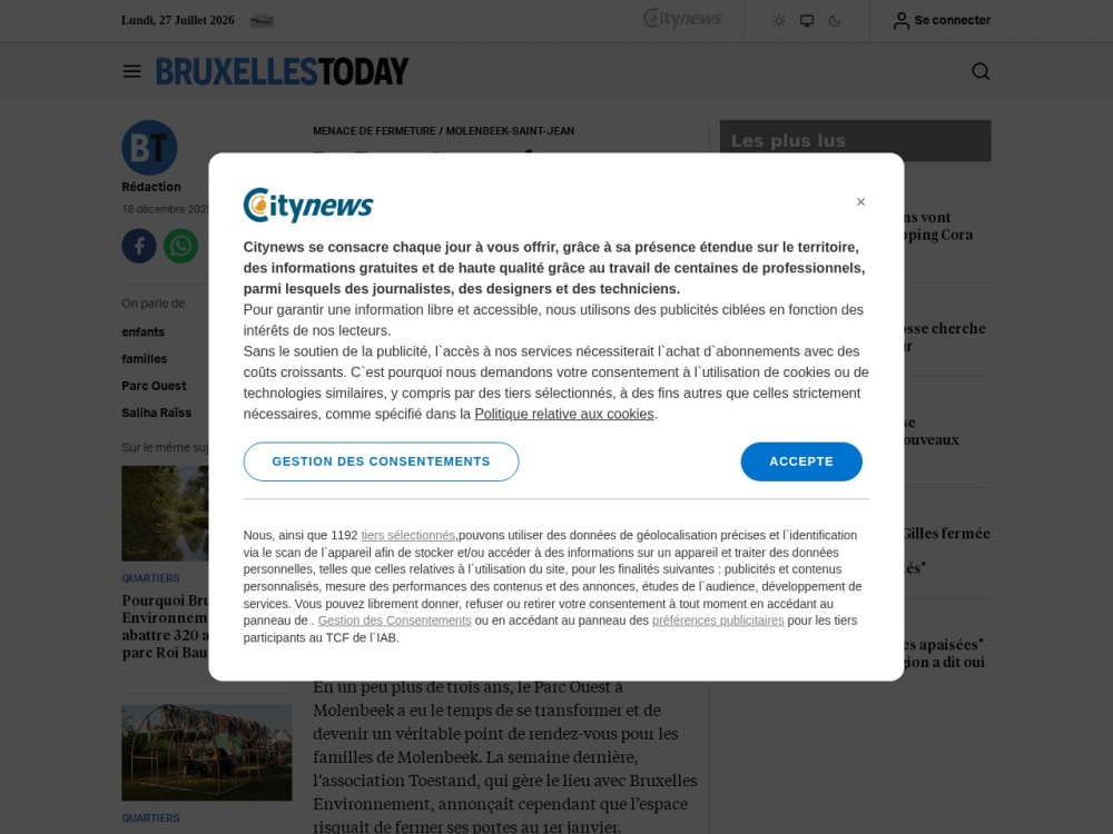Screenshot van het artikel 'Parc Ouest en sursis, peur' op Brussels Today