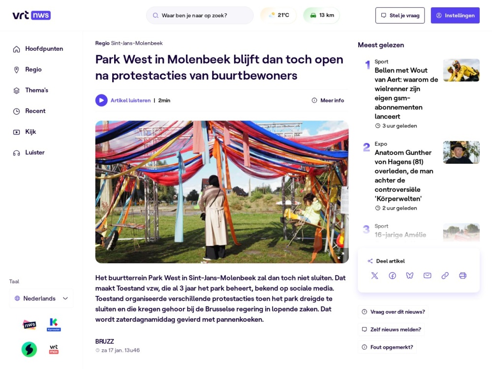 Screenshot van het artikel 'Buurtbewoners houden Park West open' op VRT