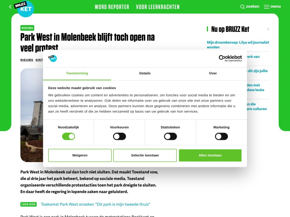 Screenshot van het artikel 'Park West blijft toch open' op Bruzzket