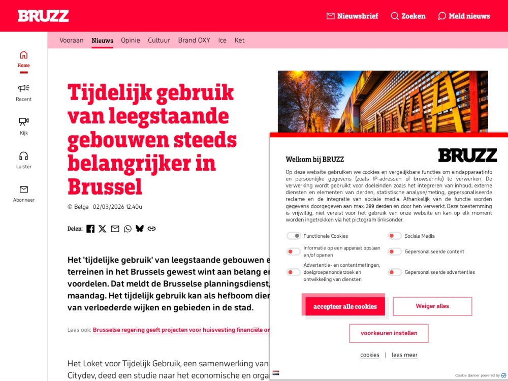 Screenshot van het artikel 'Tijdelijk gebruik leegstand wint belang' op Bruzz